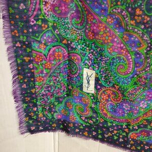 ❤️YSL YVE SAINT LAURENT FOULARDS PAISLEY 100% Wool PIANO SHAWL SCARF 39x38